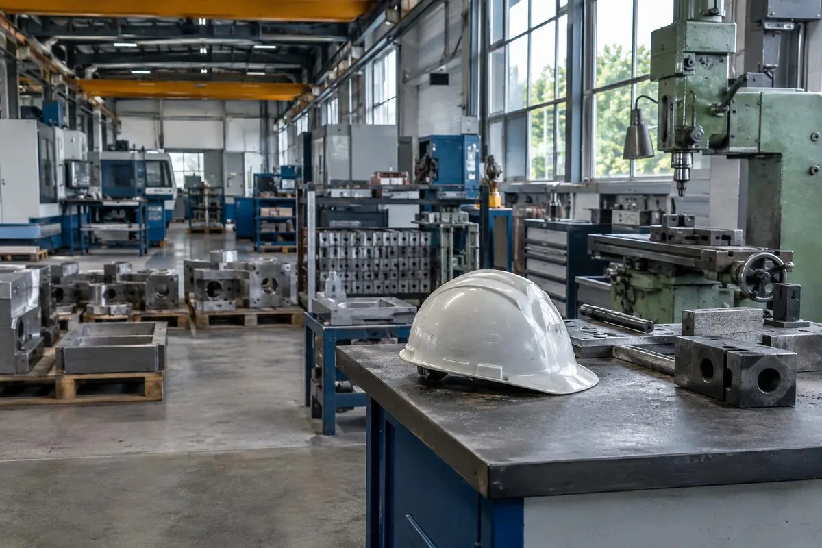 Pusta hala przemysłu metalowego z maszynami i odłożonym kaskiem ochronnym