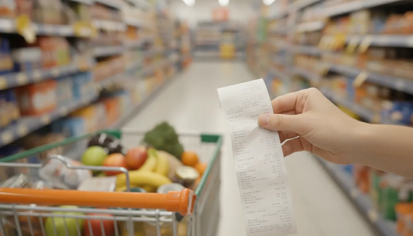 Dłoń z paragonem przy pełnym koszyku w alejce niemieckiego supermarketu