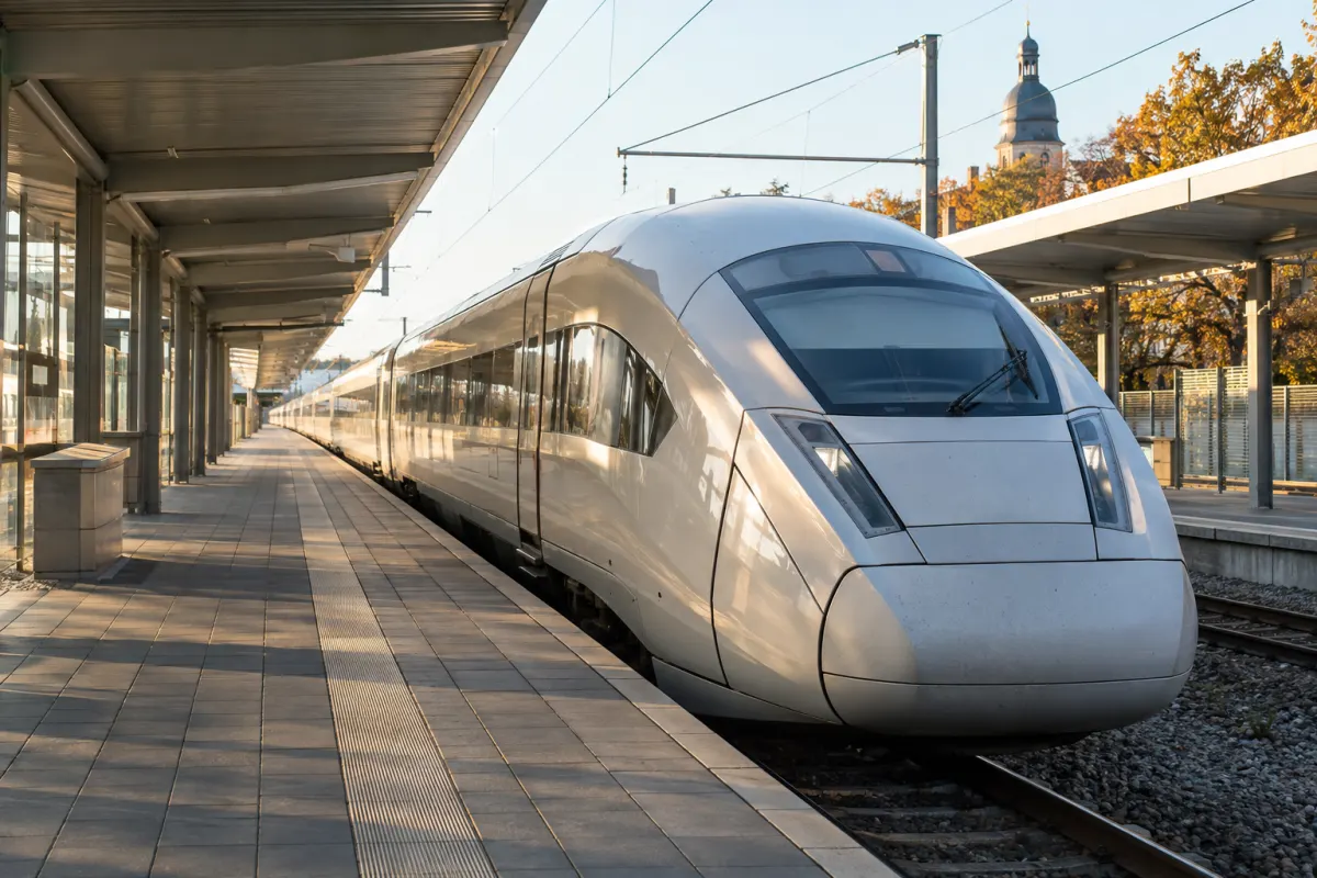 Biały pociąg dalekobieżny przy peronie w jesiennym świetle