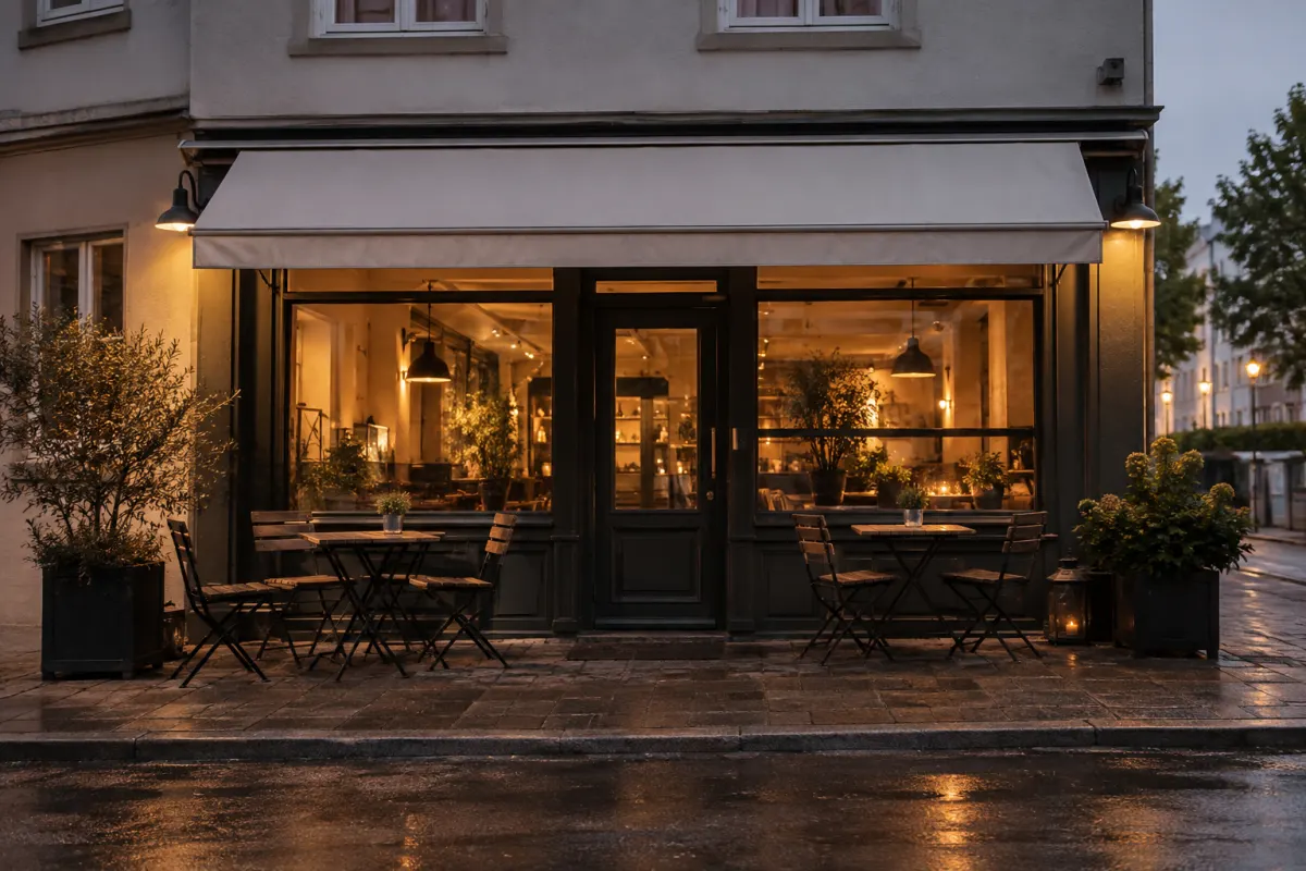 Zamknięte wejście niewielkiego bistro w Kassel o zmierzchu