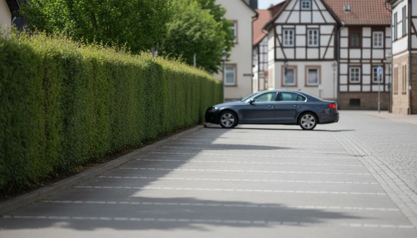 Samochód zaparkowany przy żywopłocie na parkingu w małym mieście