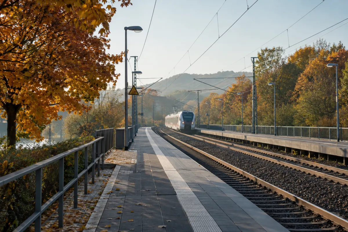 Pusty peron regionalnej stacji kolejowej z pociągiem w tle