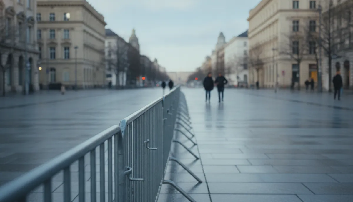 Barierki wzdłuż szerokiej ulicy w centrum dużego miasta w niedzielny poranek