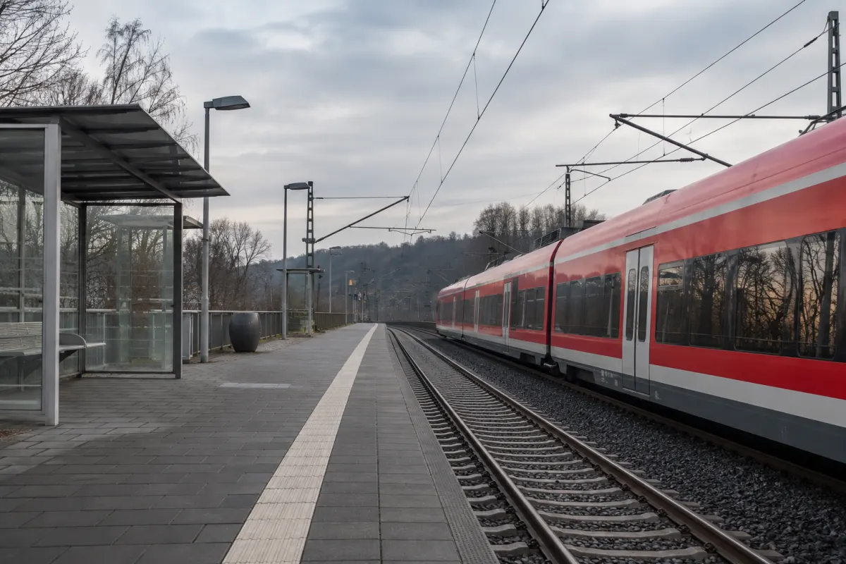 Pusty peron i regionalny pociąg widziany z bezpiecznej odległości