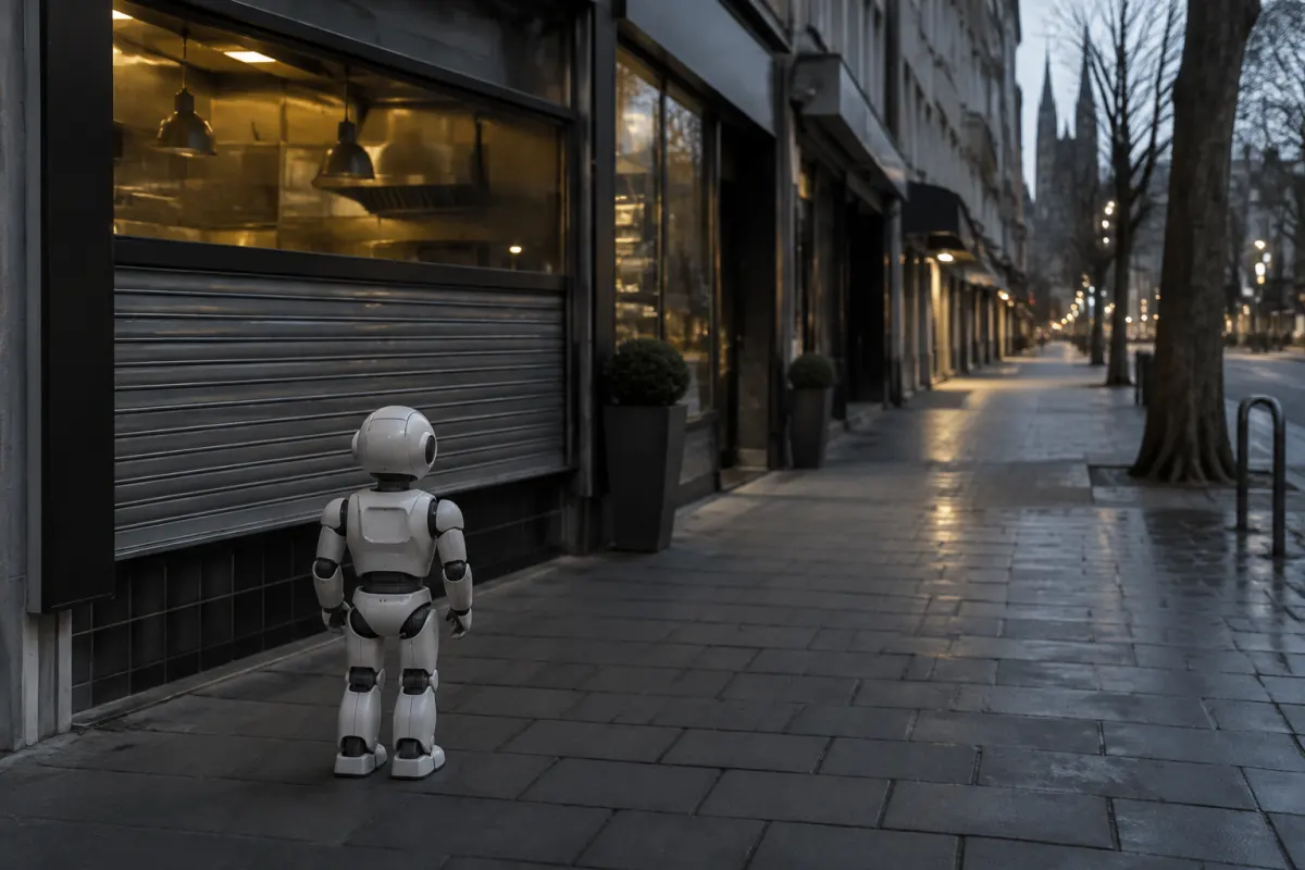 Niewielki humanoidalny robot na pustym chodniku przy lokalu gastronomicznym