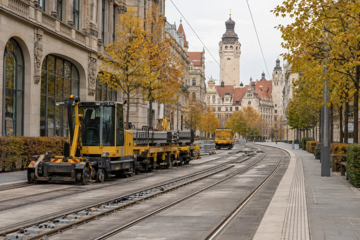 Torowisko tramwajowe w centrum Lipska podczas jesiennych prac