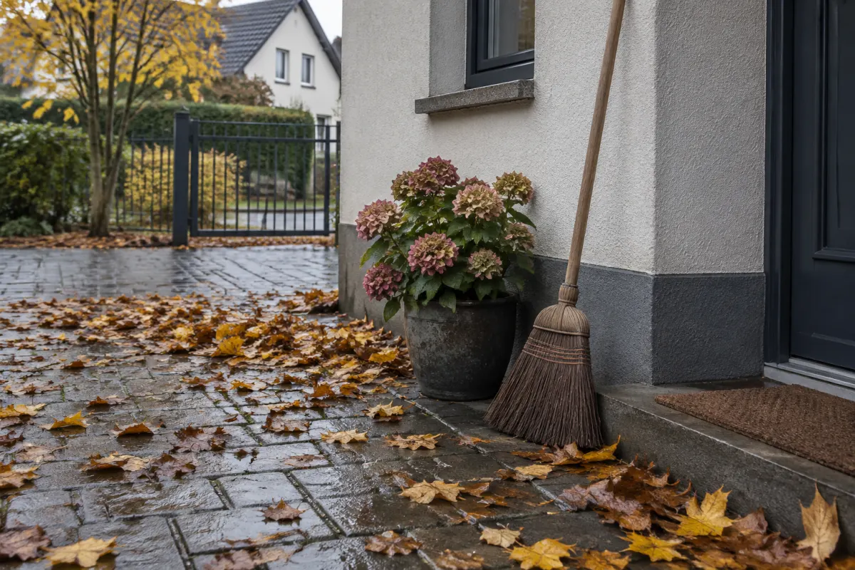 Mokre jesienne liście na chodniku przed domem i oparta miotła