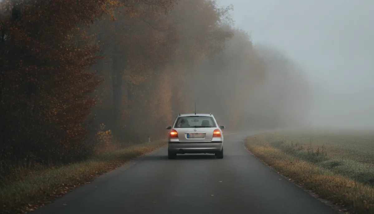Samochód widziany od tyłu na niemieckiej drodze we mgle jesienią