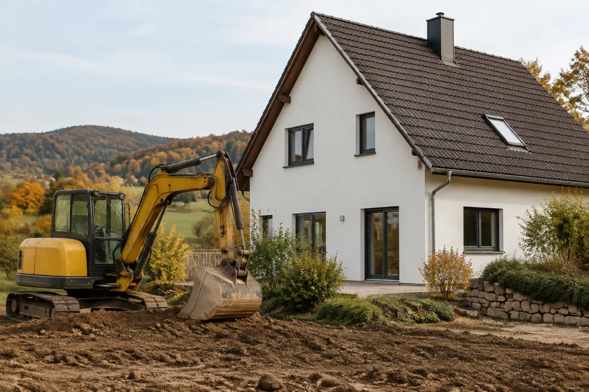 Poglądowy widok koparki obok zabudowy jednorodzinnej w Hesji