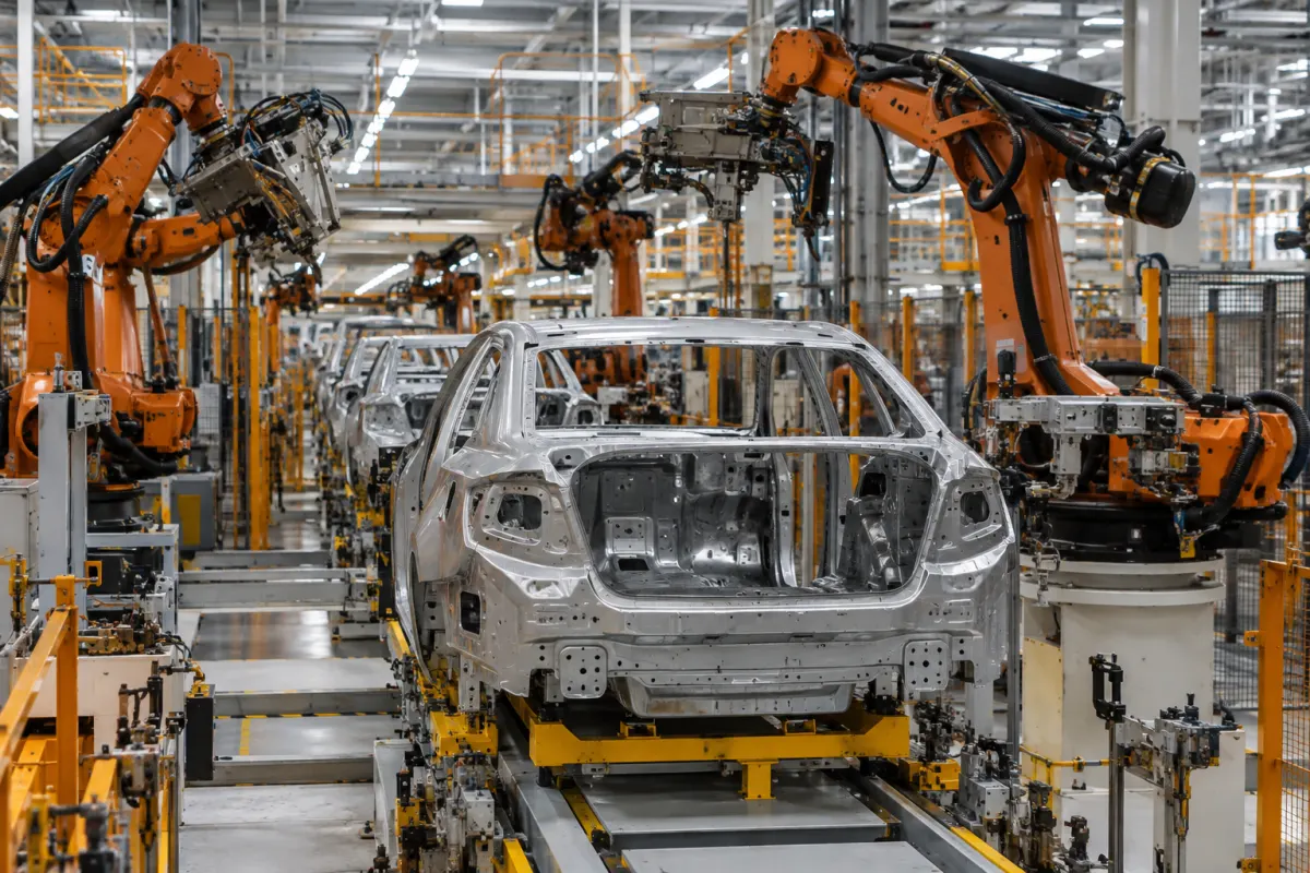 Pusta hala produkcji samochodów z robotami przemysłowymi