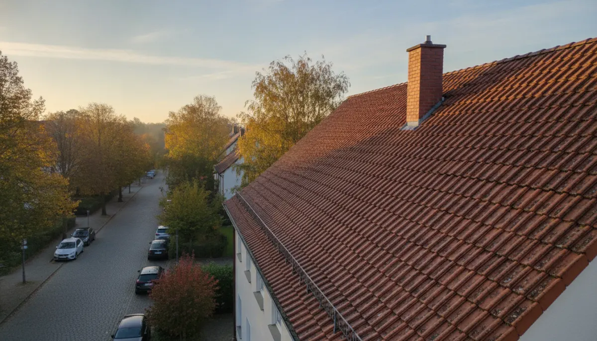 Poglądowe zdjęcie dachów domu bliźniaczego z kominem w spokojnej zabudowie mieszkalnej