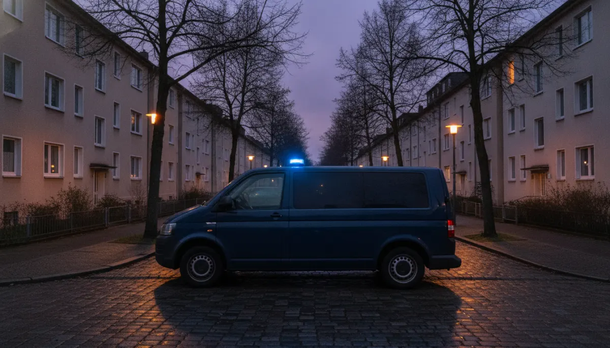 Nieoznaczony samochód z niebieskim światłem na pustej ulicy niemieckiego miasta