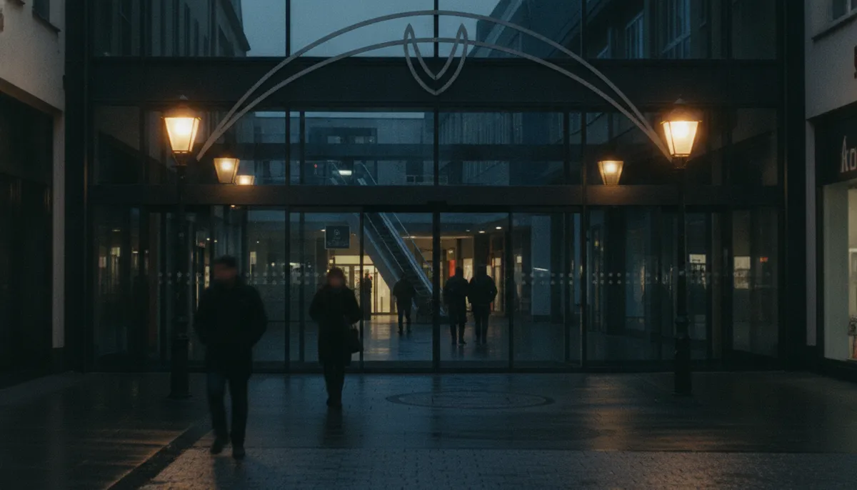Zamknięte szklane wejście do małego centrum handlowego nocą, oświetlone latarniami