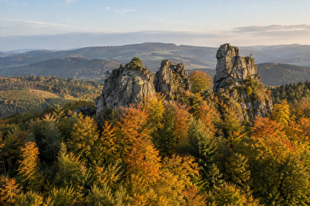 Skalne formacje Bruchhauser Steine ponad jesiennym lasem w Sauerlandzie