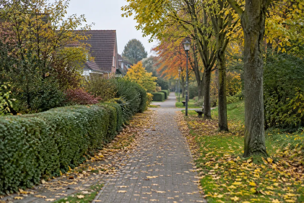 Pusty pieszy trakt między terenami zielonymi w niemieckim miasteczku