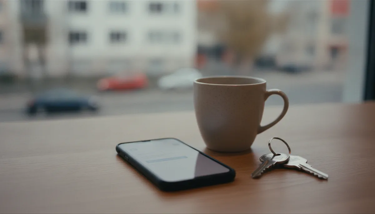 Smartfon na stole z nieprzeczytaną wiadomością i linkiem, obok kubek kawy i klucze