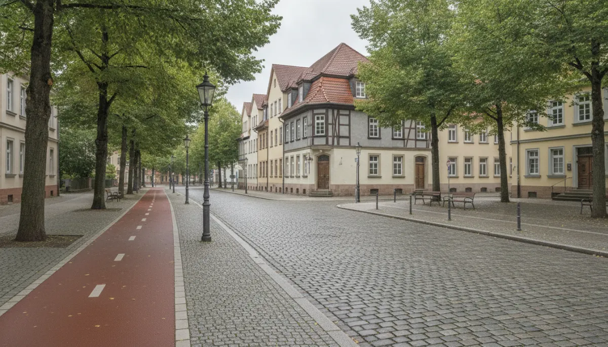 Pusty narożnik miejskiego skrzyżowania z krawężnikiem i drogą rowerową