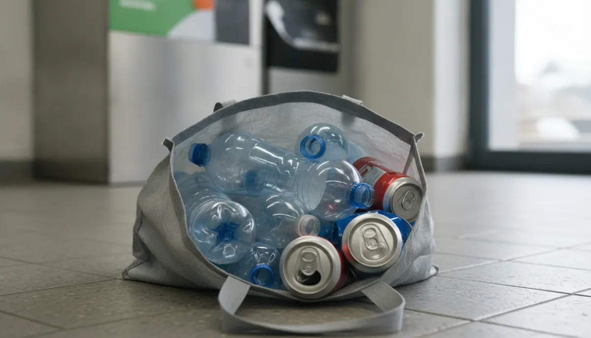 Puste plastikowe butelki i aluminiowe puszki w torbie wielorazowej