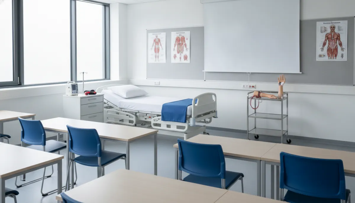 Pusta sala ćwiczeń pielęgniarskich z łóżkiem i sprzętem szkoleniowym