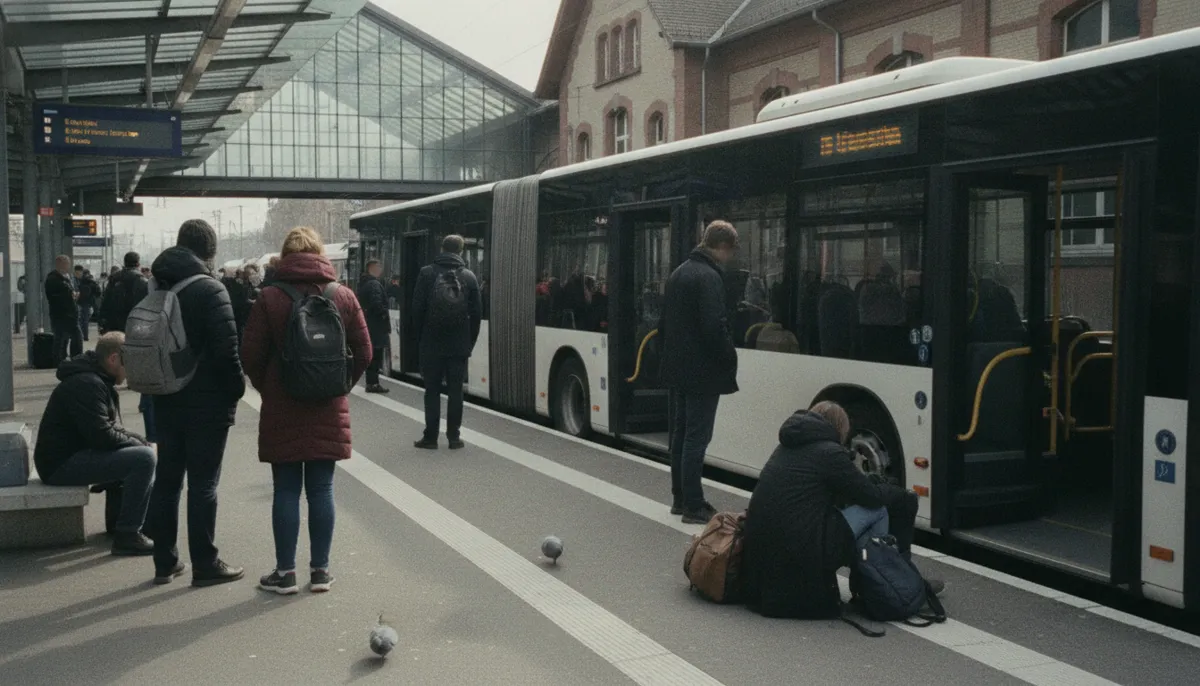 Peron dworca w Nadrenii z czekającymi podróżnymi i autobusem zastępczym przy wyjściu