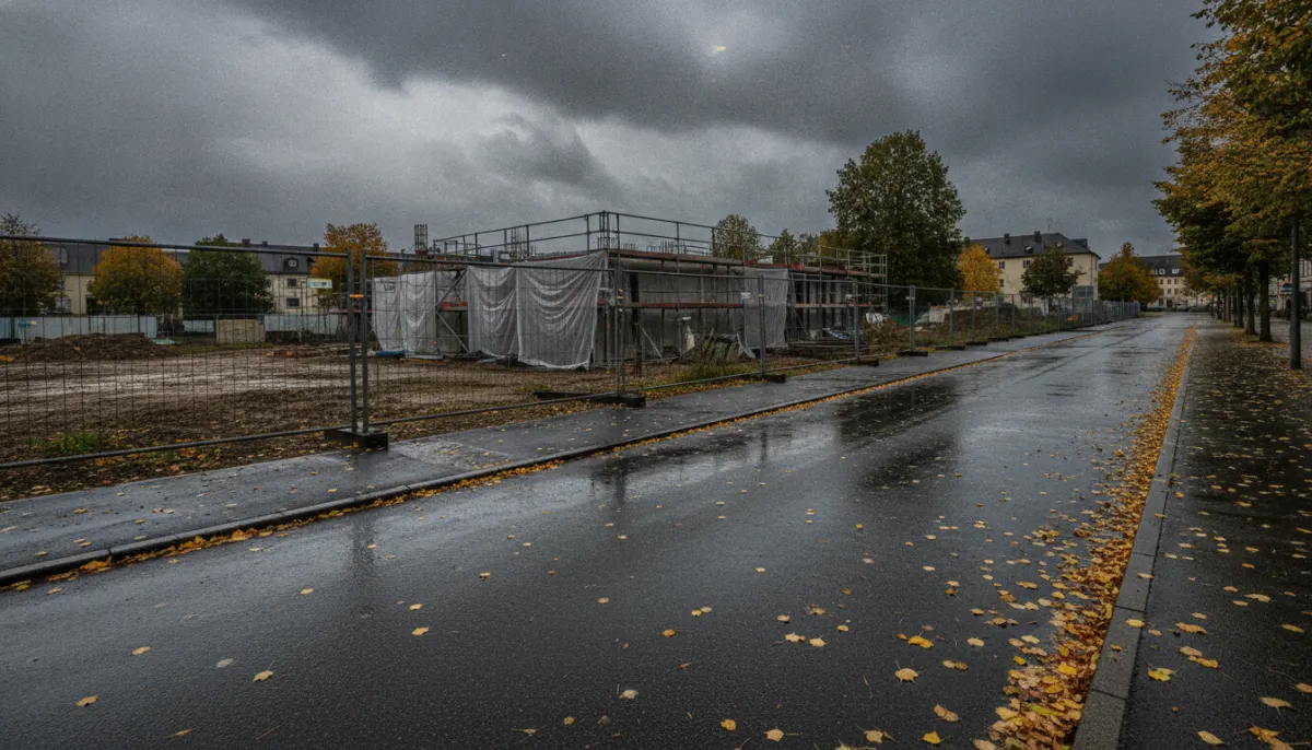 Mokra droga i jesienne drzewa obok pustego placu budowy pod pochmurnym niebem