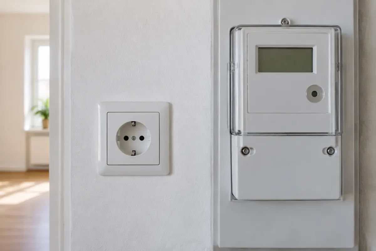 Gniazdko elektryczne i nieoznakowany miernik energii w mieszkaniu
