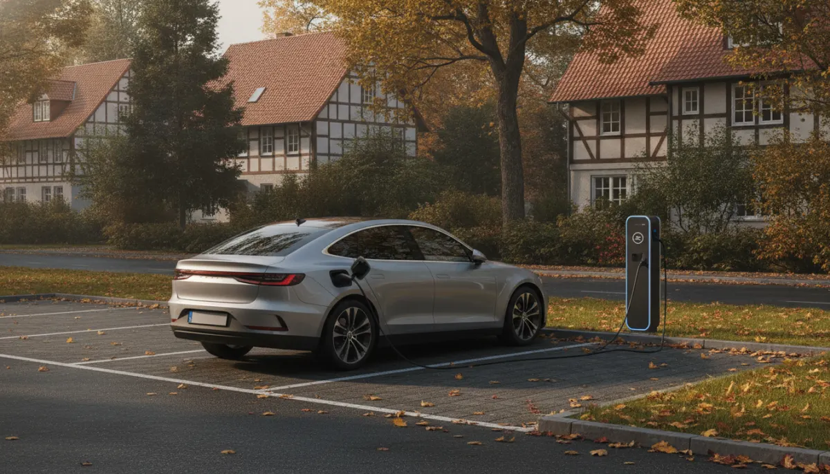 Samochód elektryczny podłączony do ładowarki na osiedlowym parkingu