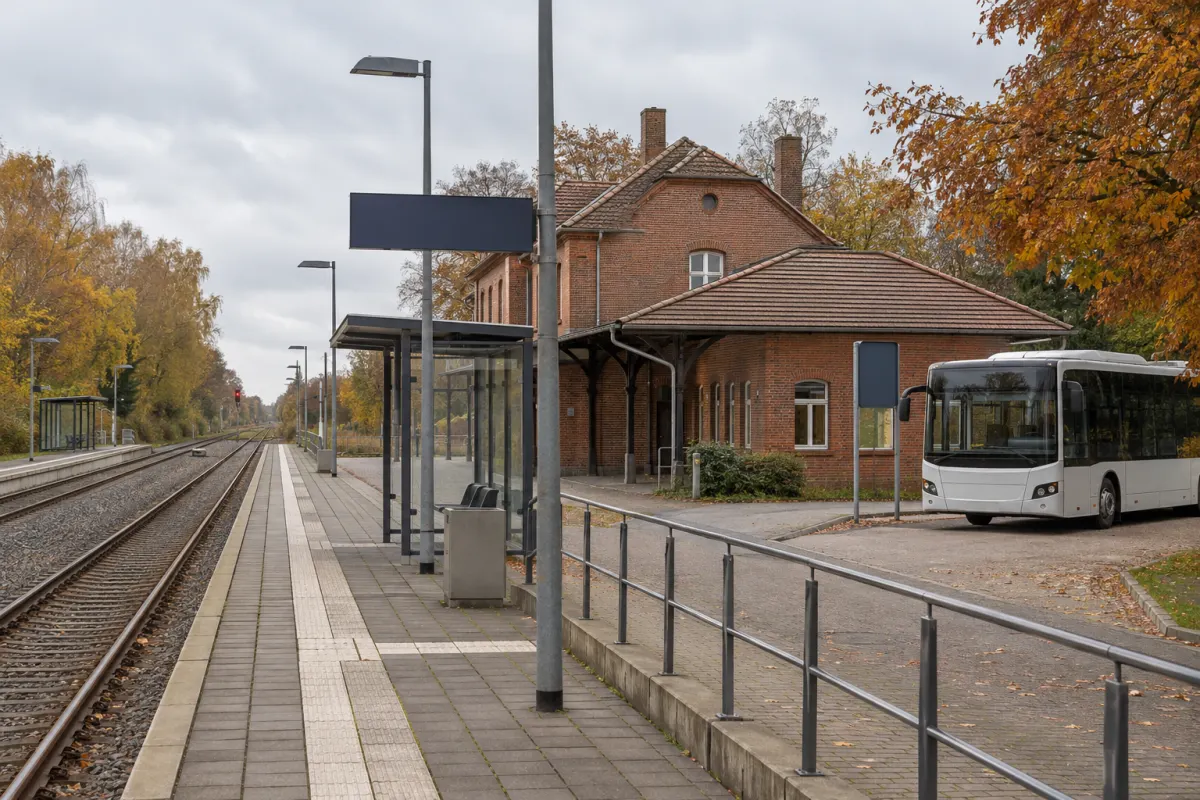 Pusty peron regionalny i autobus zastępczy przy stacji w Meklemburgii