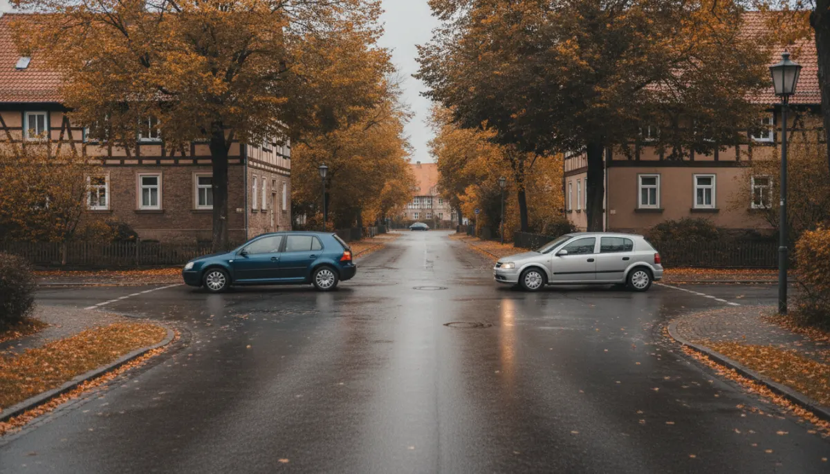 Niewielkie skrzyżowanie równorzędnych ulic osiedlowych jesienią