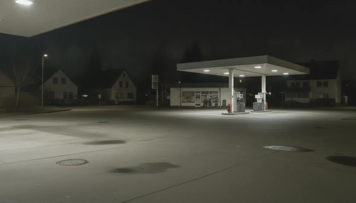 Pusta stacja paliw nocą, ilustracja bez odtwarzania napadu