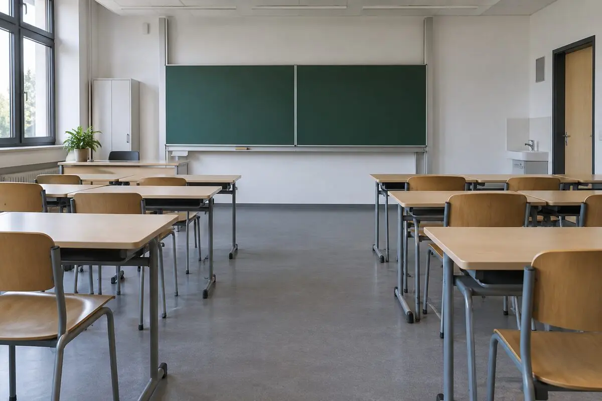 Pusta sala szkolna z ławkami i przestrzenią dla wózka