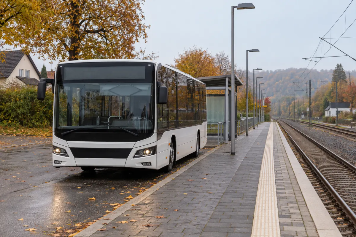 Autobus zastępczy obok peronu kolejowego w jesienny poranek
