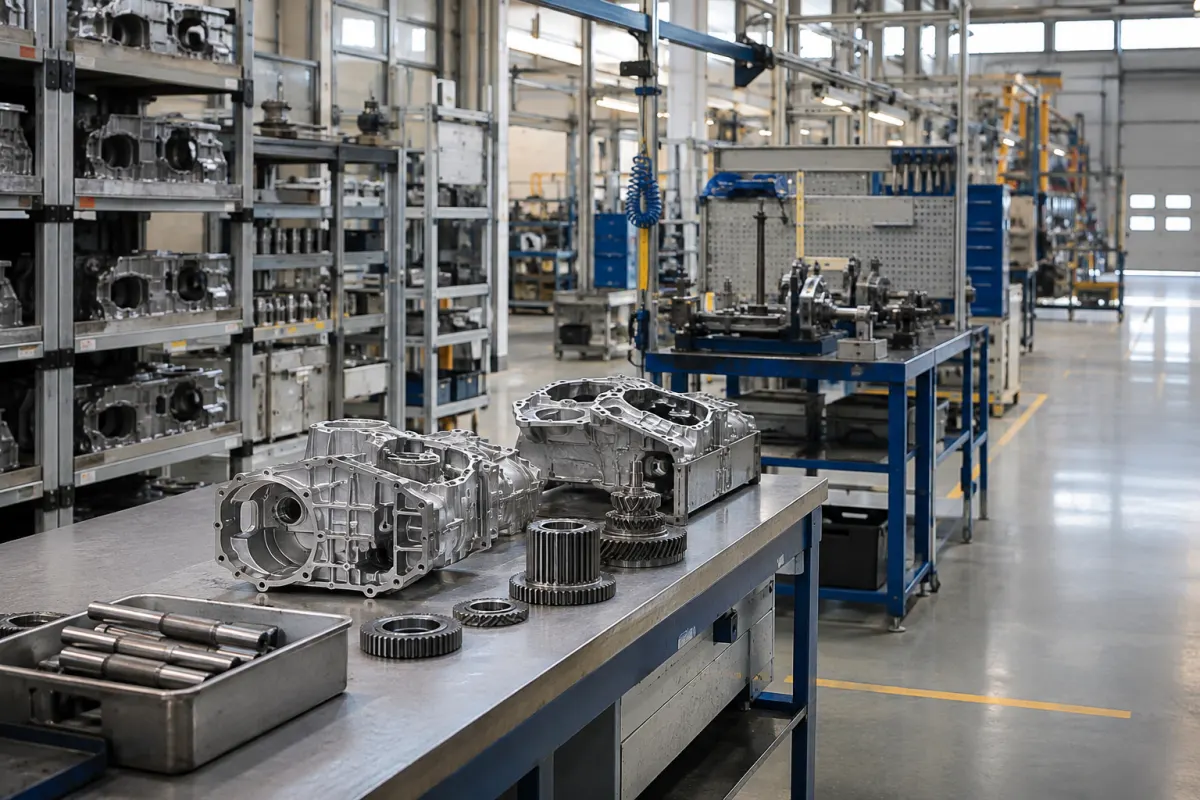 Pusta hala produkcyjna z metalowymi częściami i stanowiskiem montażowym
