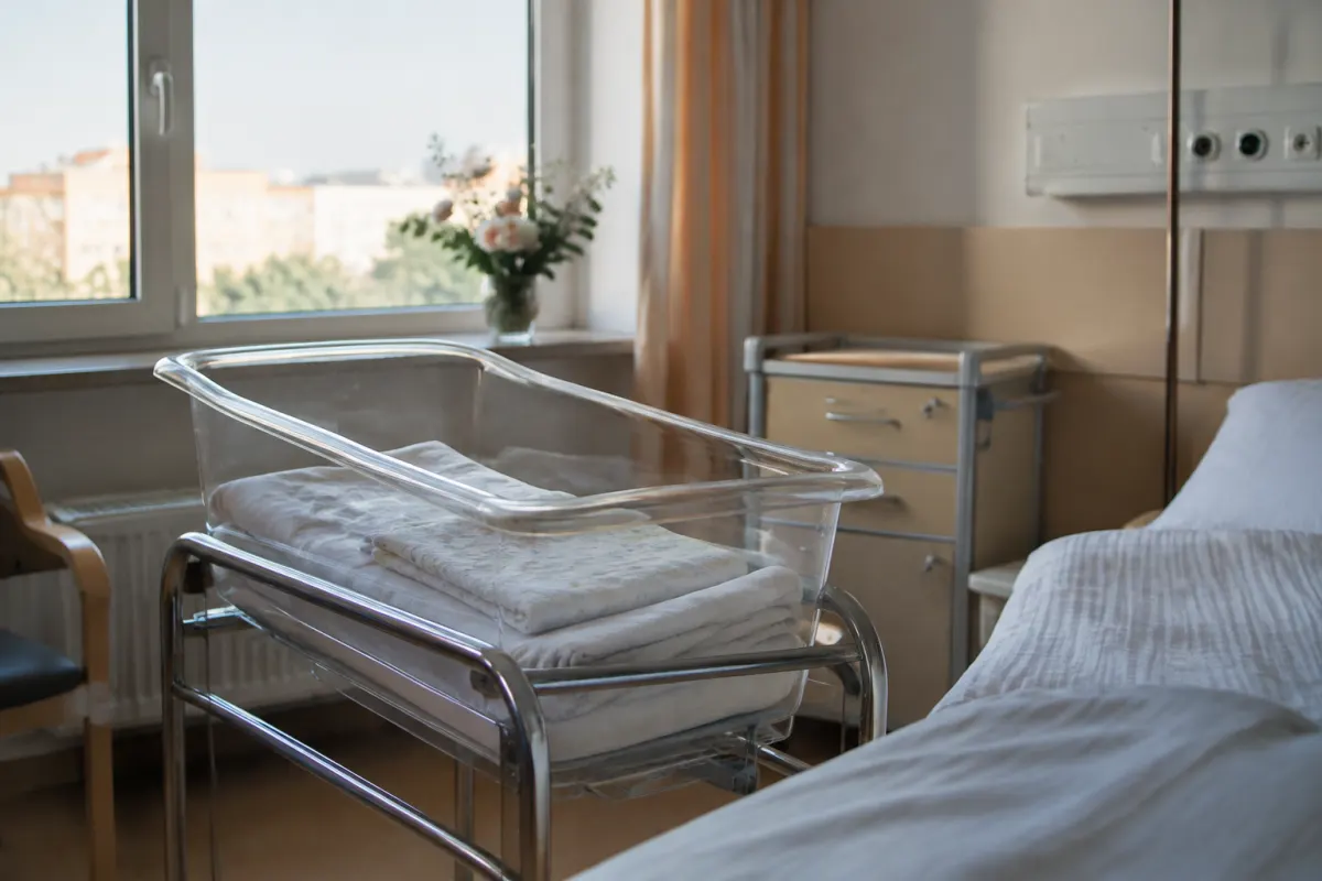 Puste łóżeczko noworodkowe w szpitalnym pokoju porodowym