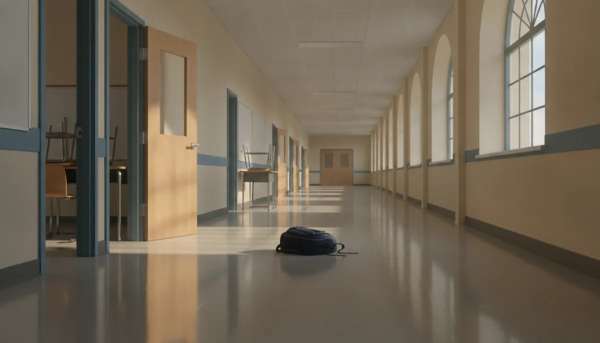 Pusty szkolny korytarz z otwartymi drzwiami do klas i plecakiem leżącym na podłodze