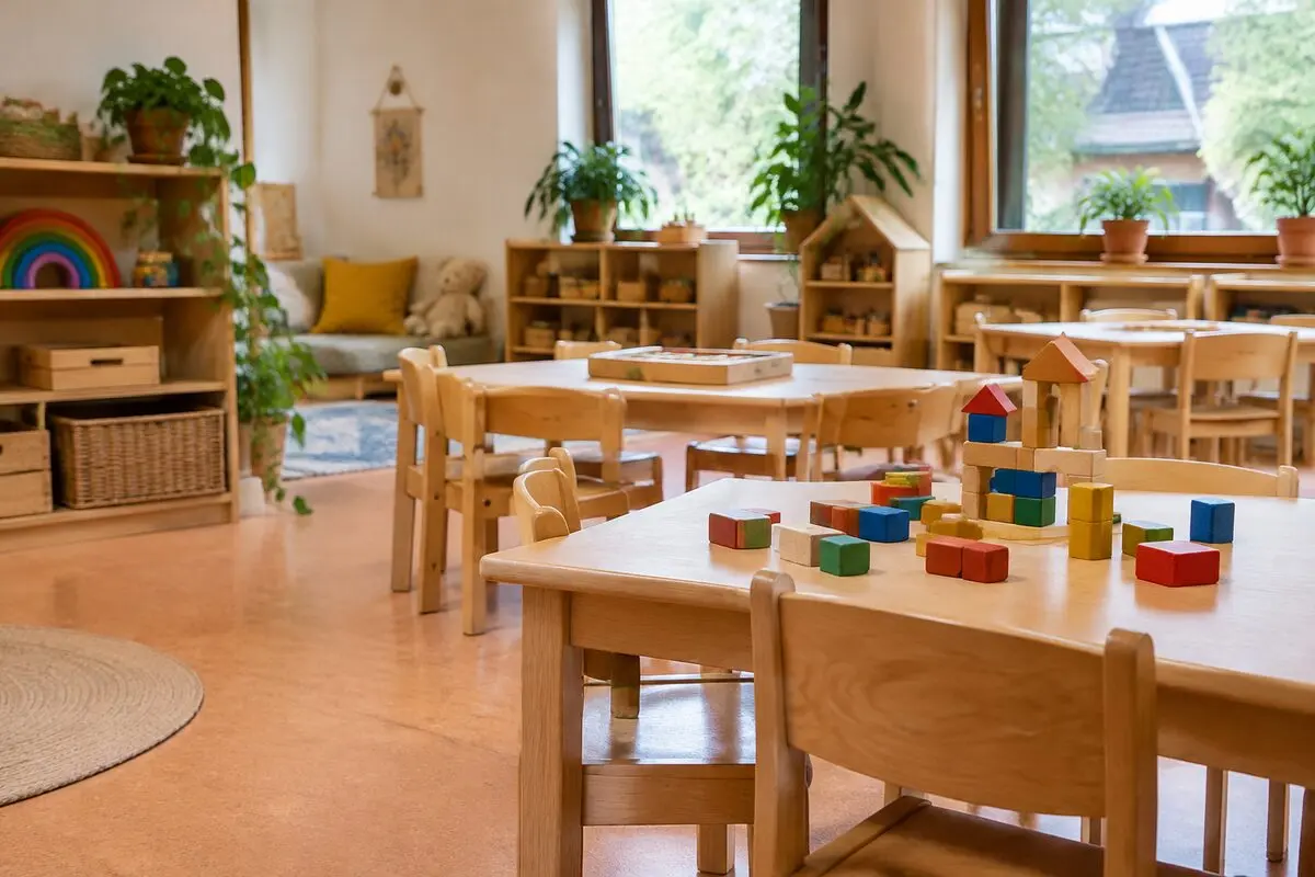 Pusta sala przedszkolna z drewnianymi klockami i niskimi stolikami