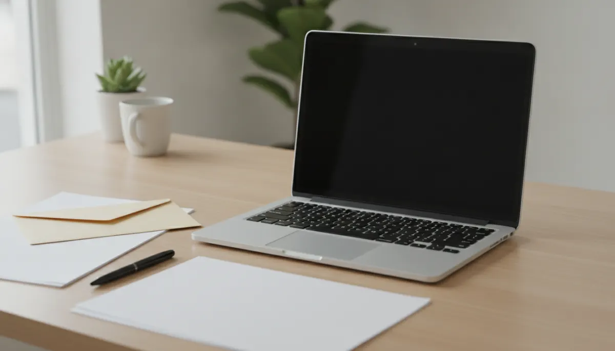 Laptop i zamknięta koperta na biurku przy dokumentach podatkowych