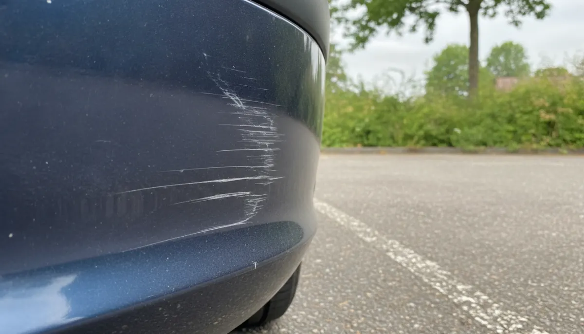 Zbliżenie na zarysowany narożnik zderzaka samochodu na parkingu