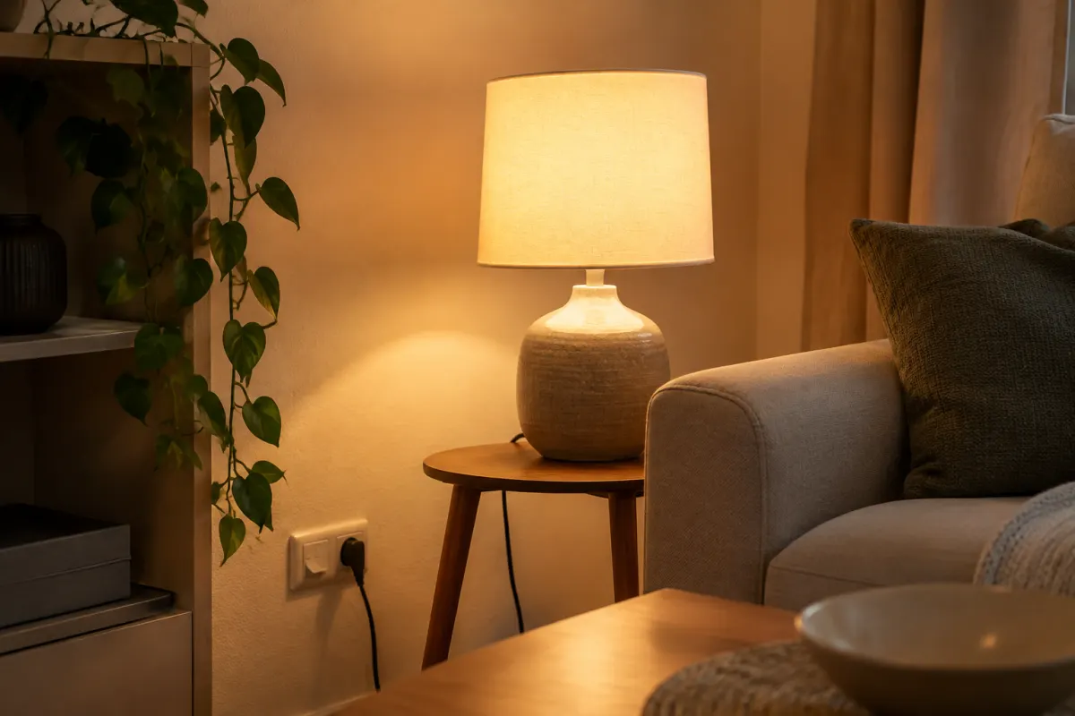 Lampa i gniazdko elektryczne w domowym salonie