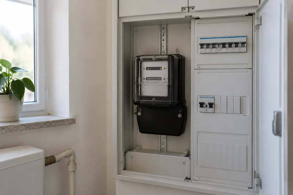 Licznik energii elektrycznej obok domowej instalacji bez widocznych oznaczeń