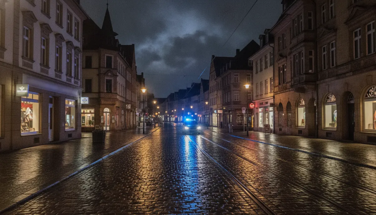 Nocna ulica w niemieckim mieście z radiowozem policji w oddali