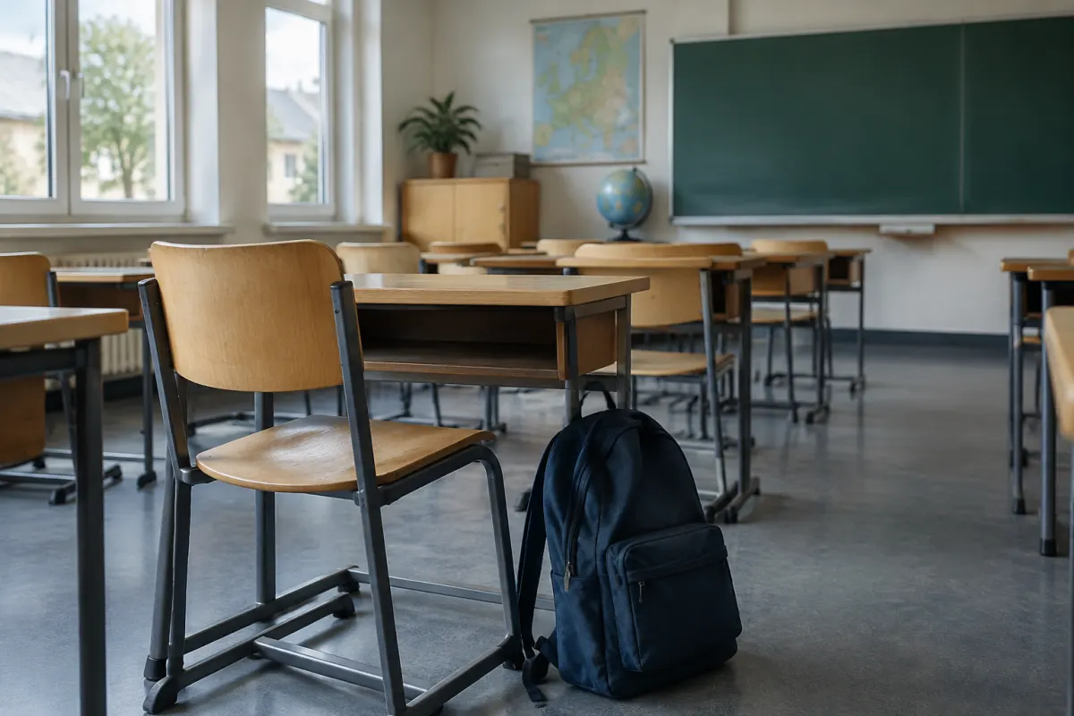 Pusta sala lekcyjna z odsuniętym krzesłem i plecakiem przy ławce