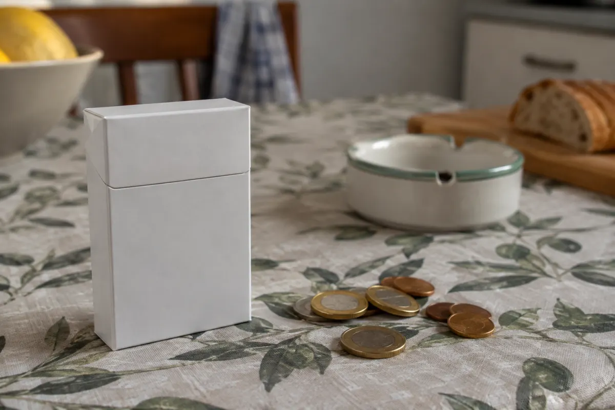 Neutralne opakowanie papierosów i monety na kuchennym stole