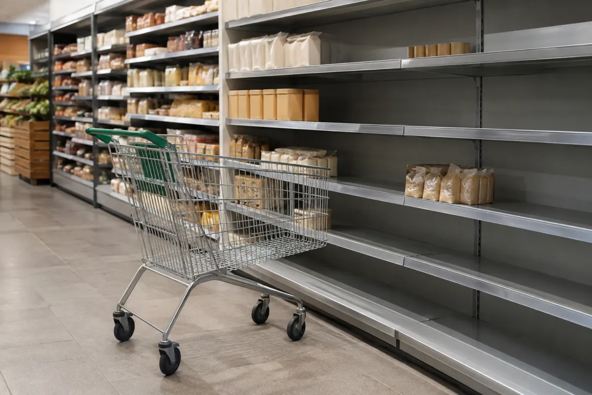 Wózek zakupowy przy częściowo pustych półkach supermarketu