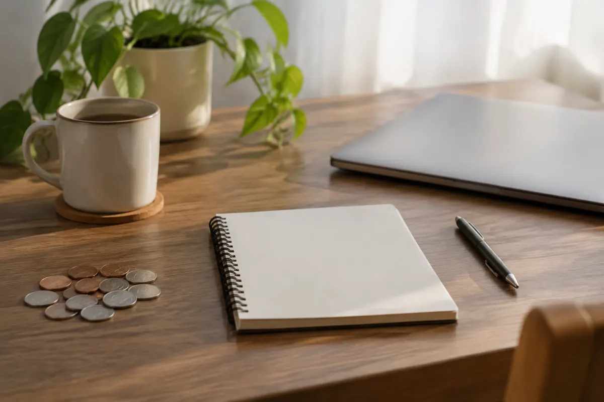 Monety i pusty notes na drewnianym biurku obok zamkniętego laptopa