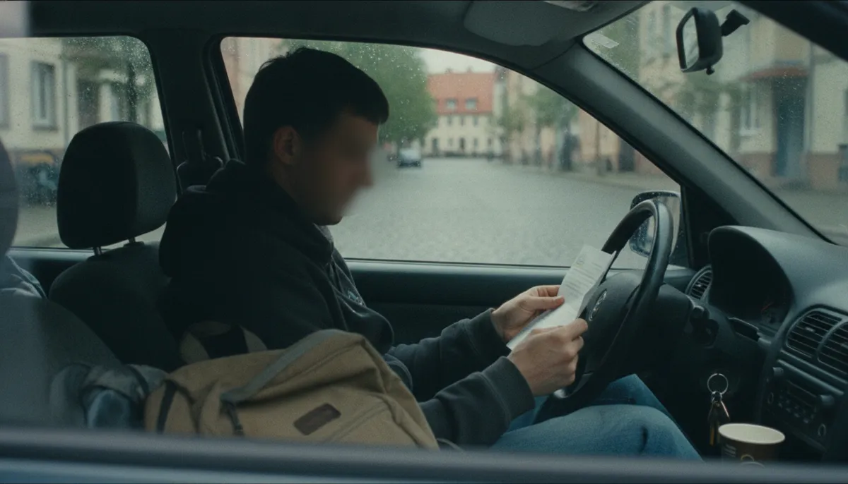 Kierowca trzyma w dłoni dowód rejestracyjny i list z towarzystwa ubezpieczeniowego obok samochodu na parkingu