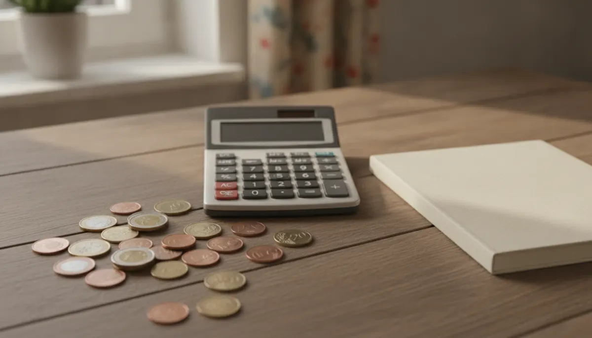 Kalkulator, monety euro i zamknięty notes na drewnianym biurku