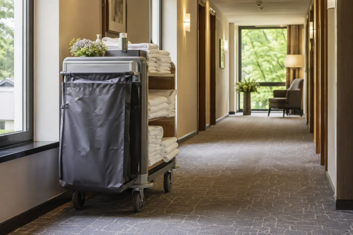 Pusty hotelowy korytarz z wózkiem do sprzątania i przygotowaną pościelą