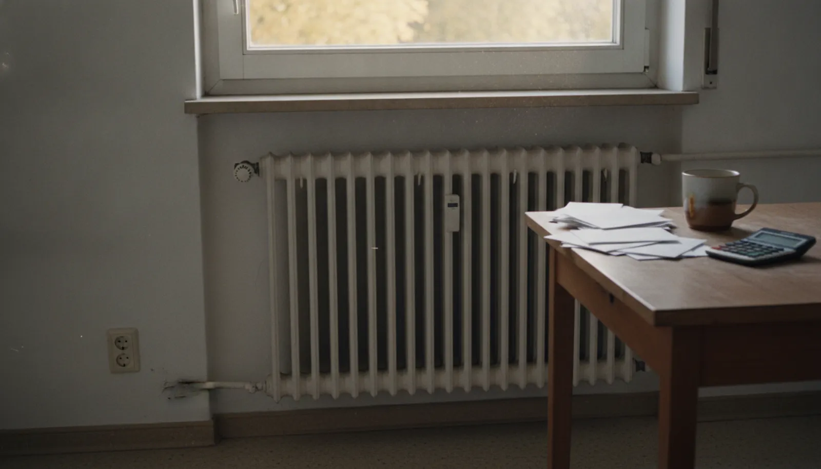 Kaloryfer pod oknem w wynajmowanym mieszkaniu, obok stół z kopertami, kubkiem i kalkulatorem