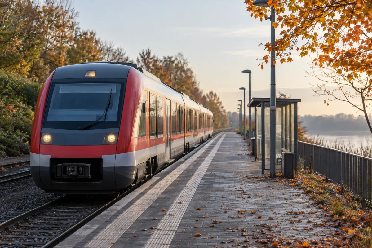 Pociąg regionalny przy pustym peronie w północnych Niemczech